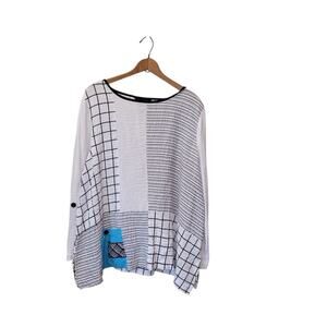 Ali Miles Womens Multicolor Round Neck Geometric Print Top XL Roll Tab Sleeves